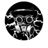 Black and white illustration of a robot with a helmet on a dark background